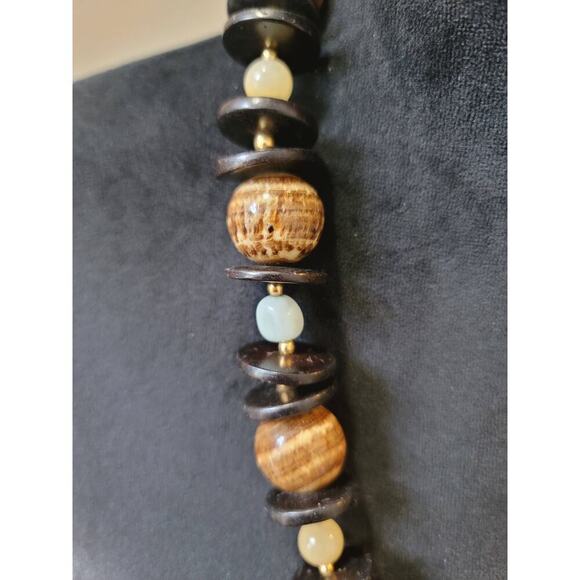 Women's Brown Wood Beaded Necklace Lobster Clasp Natural Boho Statement - Picture 4 of 5
